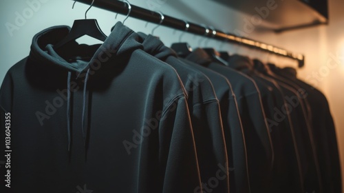 Modern hoodies hanging on light wall 