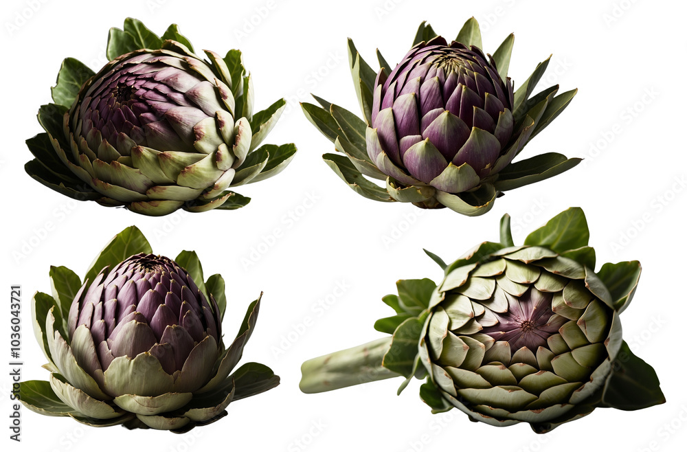 Fototapeta premium An artichoke displayed from various angles, focusing on the textured leaves and shape on a white background.