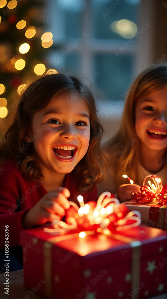 joyful children excitedly open christmas gifts sparkly decorations festive cheer everywhere around tonight joyful children excitedly open christmas gifts sparkly decorations festive cheer everywhere around tonight