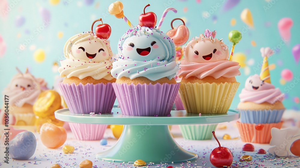Three cheerful cupcakes with cherries on a cake stand against a confetti background. Three cheerful cupcakes with cherries on a cake stand against a confetti background.