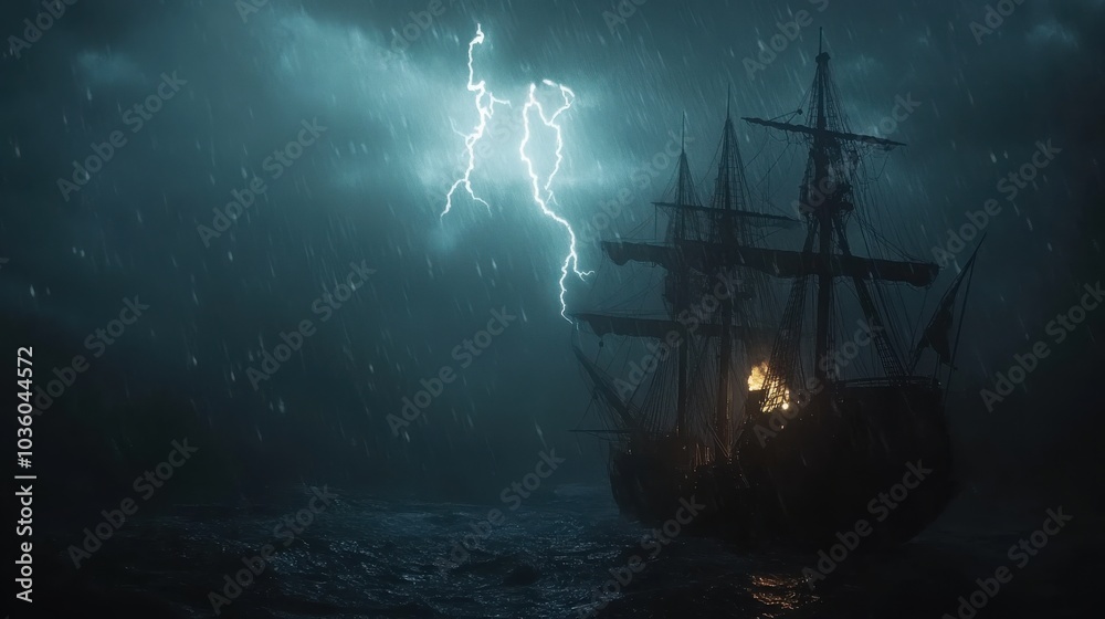A ship’s silhouette against a dark stormy sky, with lightning illuminating the scene A ship’s silhouette against a dark stormy sky, with lightning illuminating the scene