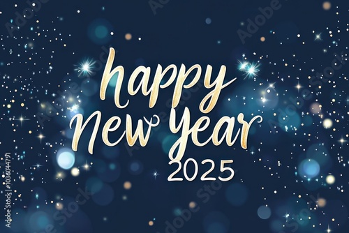 handwritten font "happy new year 2025" on dark blue background with sparkles 