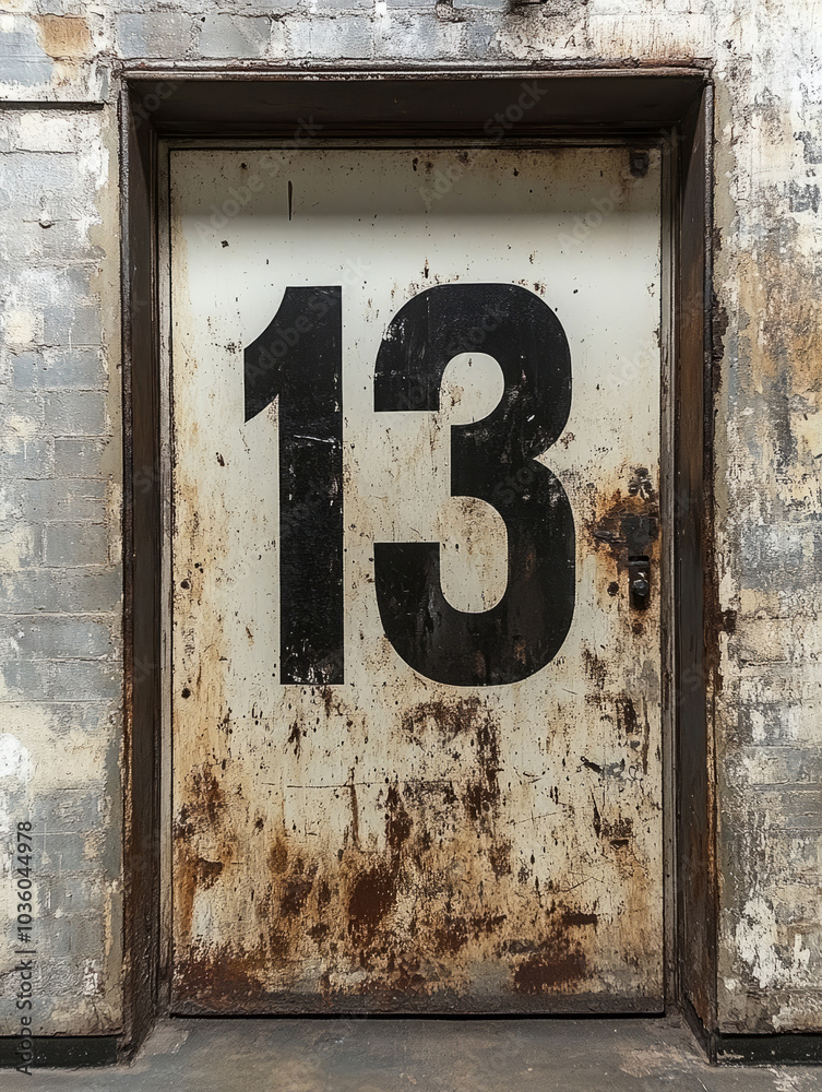 Rustic industrial door with the number 13, old and weathered. Rustic industrial door with the number 13, old and weathered.