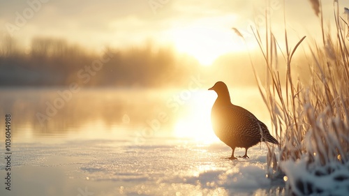 Solitary Bird Gracefully Standing on the Snowy Edge of a Frozen Lake at the Gentle Sunrise, Embracing Natures Serenity photo