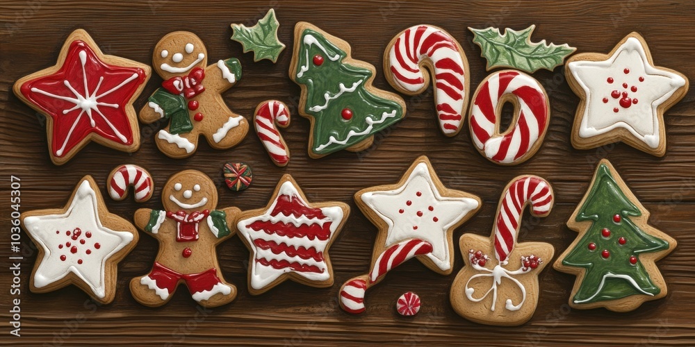 illustration Christmas cookies shaped like stars, gingerbread men, and candy canes, beautifully arranged on a wooden table illustration Christmas cookies shaped like stars, gingerbread men, and candy canes, beautifully arranged on a wooden table