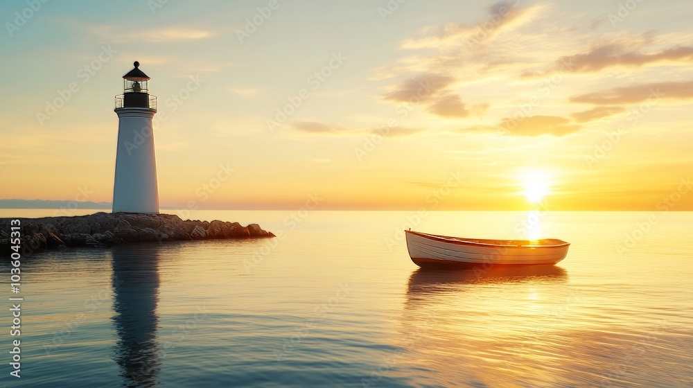 Majestic Lighthouse at Sunset Over Calm Waters with a Small Boat and Vibrant Sky Reflecting Beautiful Colors Majestic Lighthouse at Sunset Over Calm Waters with a Small Boat and Vibrant Sky Reflecting Beautiful Colors