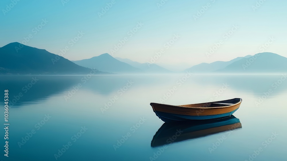 A picturesque view of a small wooden boat gently floating on a serene blue lake during the tranquil dawn hours of early morning. A picturesque view of a small wooden boat gently floating on a serene blue lake during the tranquil dawn hours of early morning.