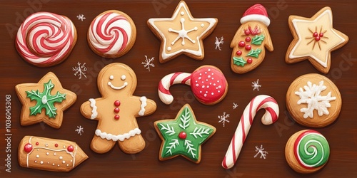 illustration Christmas cookies shaped like stars, gingerbread men, and candy canes, beautifully arranged on a wooden table