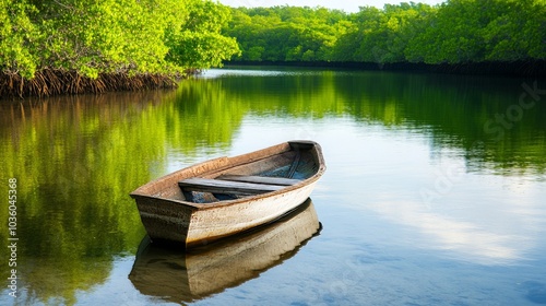 Small wooden boat anchored in a calm tropical river surrounded by lush green mangrove trees under a bright blue sky