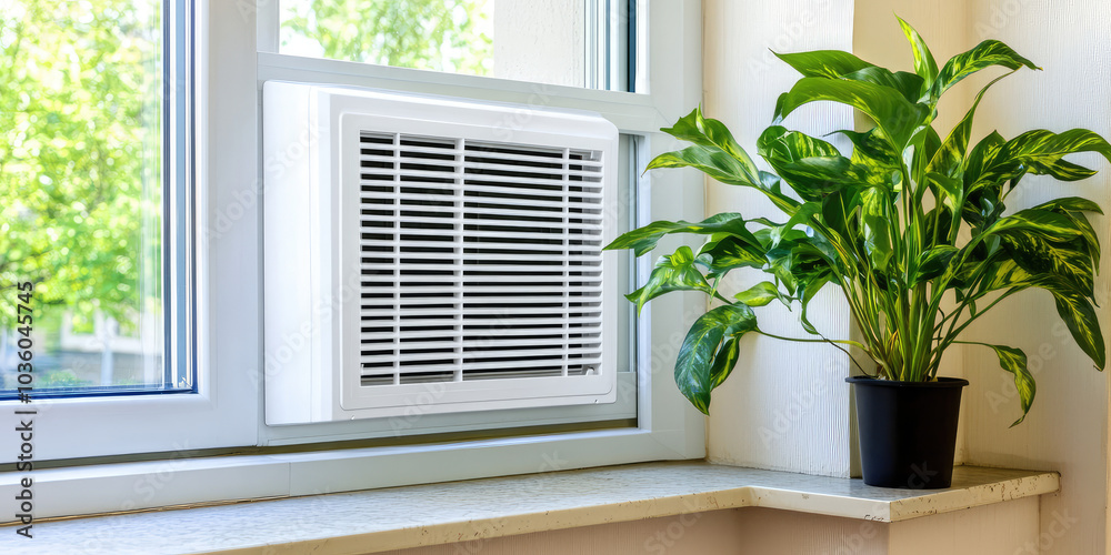 A white plastic HVAC vent on the wall of the apartment. Natural ventilation system in an apartment building A white plastic HVAC vent on the wall of the apartment. Natural ventilation system in an apartment building