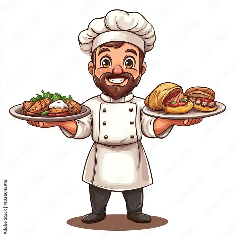 Cartoon cute chef holding delicious dishes Cartoon cute chef holding delicious dishes