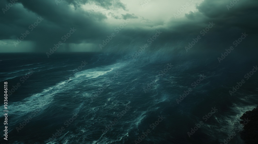 Fototapeta premium Aerial view of a storm system moving over the ocean, with waves crashing and dark clouds overhead