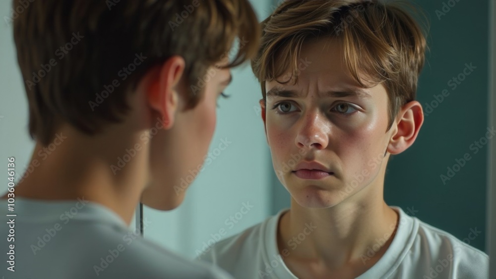 A teenager of 12-14 years old looks in the mirror at a face with pimples and acne, upset. Transitional age, teenage problems A teenager of 12-14 years old looks in the mirror at a face with pimples and acne, upset. Transitional age, teenage problems