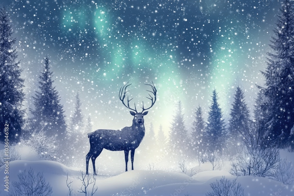 illustration Reindeer in a snowy forest, Northern Lights in the sky
illustration Reindeer in a snowy forest, Northern Lights in the sky