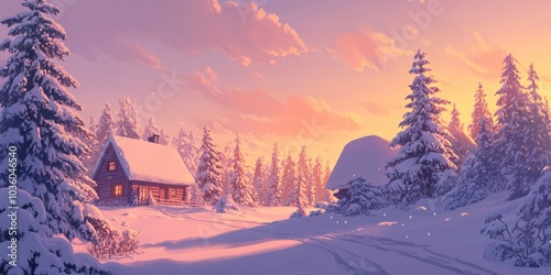 illustration Winter landscape with snow-covered pine trees, soft morning light, and a cozy cabin in the distance