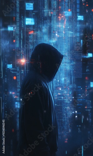 Hooded figure against digital code background.