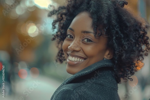 cheerful african american woman looking back smiling