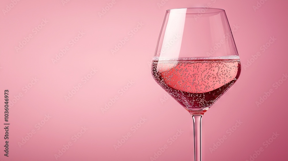 A pink background reflects a wine glass with liquid inside A pink background reflects a wine glass with liquid inside