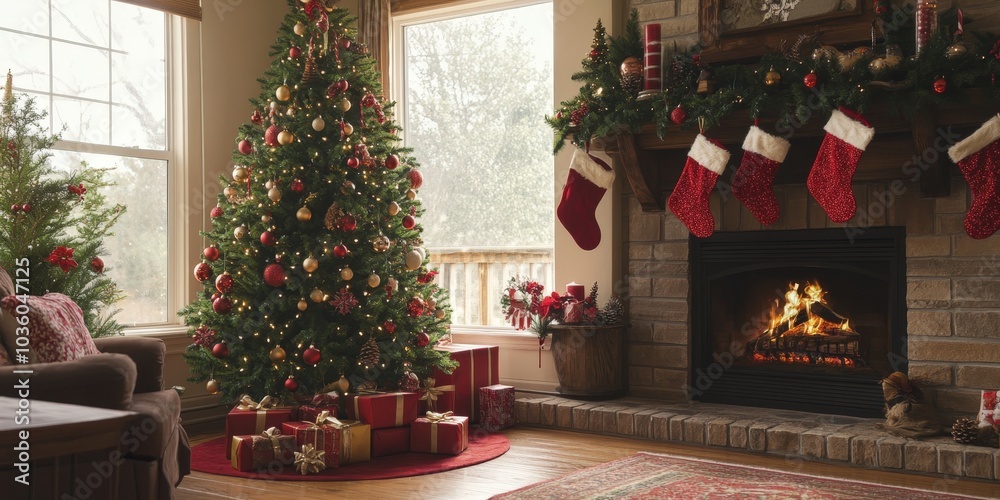 photo Christmas tree with gold and red ornaments, cozy living room, glowing fireplace