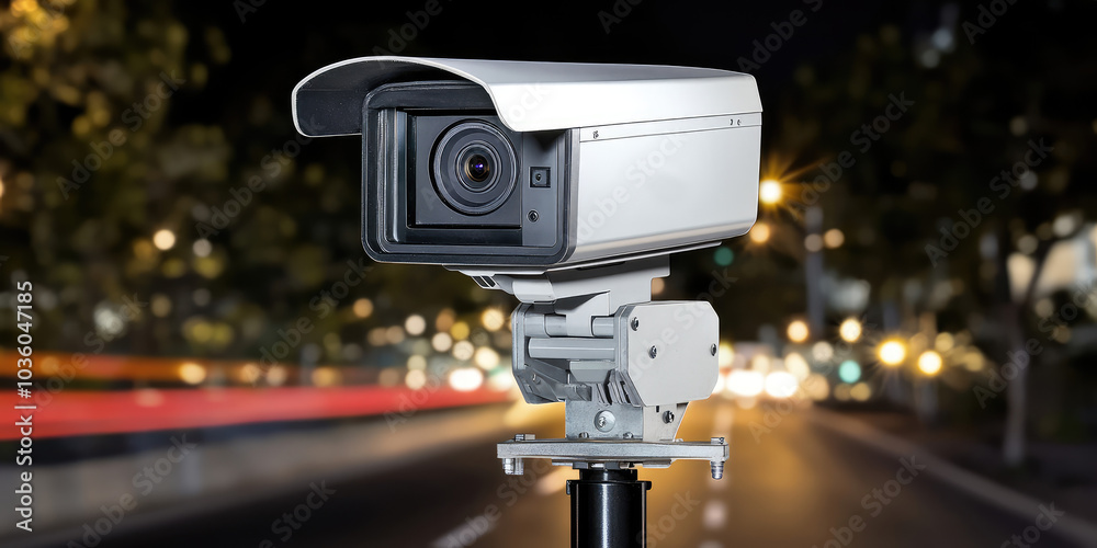 Radar speed control camera on the road on the background of blurred night road with copy space Radar speed control camera on the road on the background of blurred night road with copy space