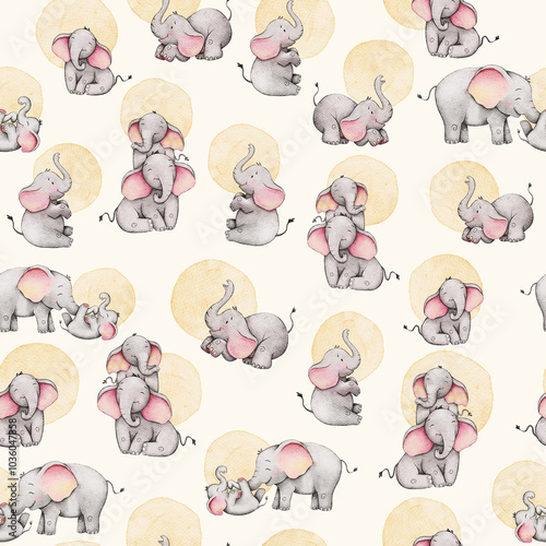 Elephant with baby in a cute style seamless pattern on light background
