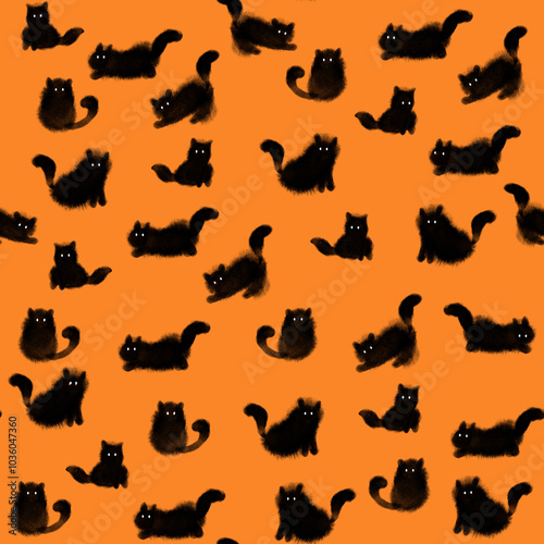 Hand drawn watercolor seamless pattern of cats on orange background. Spooky cats with glowing eyes. Halloween black cats
