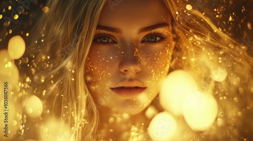 A close-up portrait of a woman surrounded by golden sparkles, conveying beauty and allure.