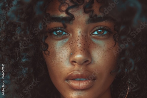 Close up portrait of beautiful African American woman with curly hair.