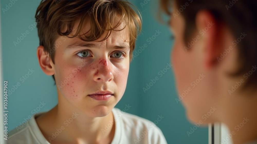 A teenager of 12-14 years old looks in the mirror at a face with pimples and acne, upset. Transitional age, teenage problems A teenager of 12-14 years old looks in the mirror at a face with pimples and acne, upset. Transitional age, teenage problems