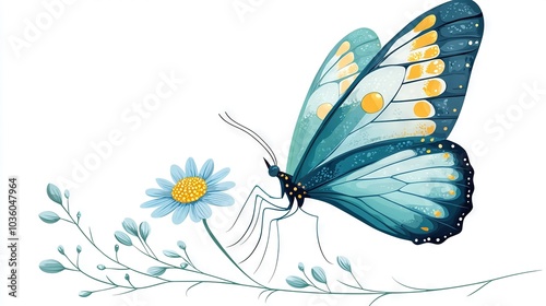  A blue butterfly with yellow spots on its wings and a white flower with green leaves and yellow dots on its petals