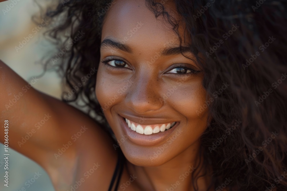 Close up portrait of a smiling young african american woman with hand in hair