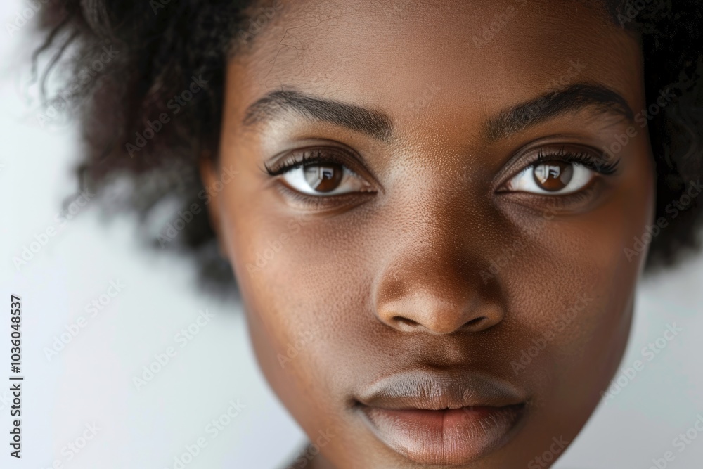 Close up portrait of African American woman against white background.