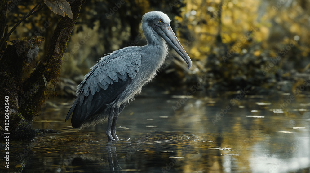 A Shoebill Stork Standing in a Swampy Wetland with Clear Water Reflections. v2 A Shoebill Stork Standing in a Swampy Wetland with Clear Water Reflections. v2