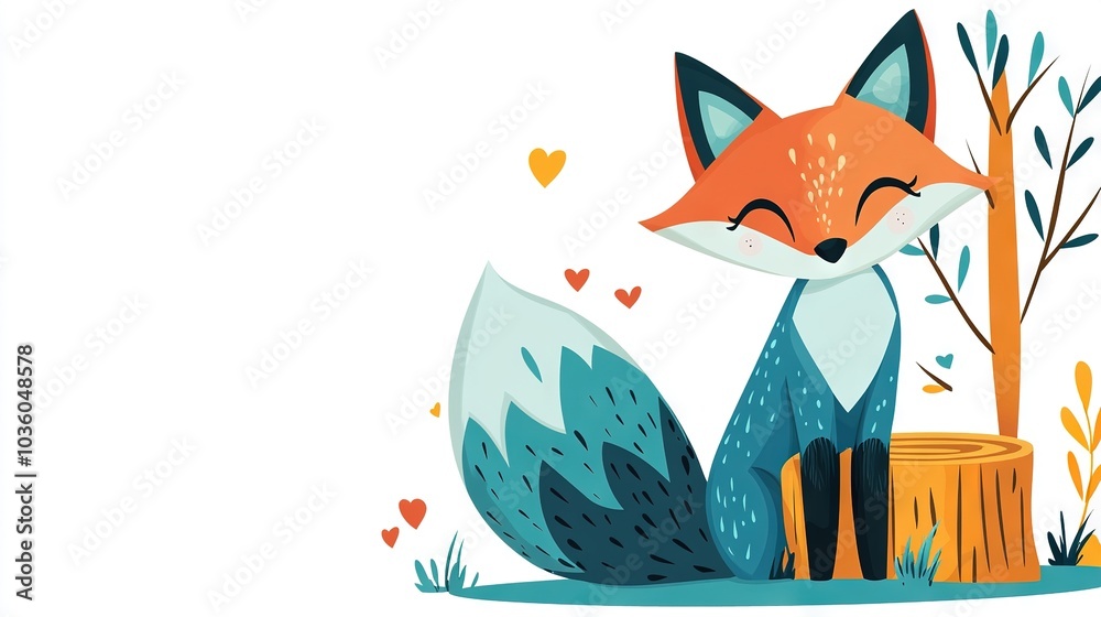 Fototapeta premium A fox perched atop a tree stump alongside a pile of leaves and a heart-shaped tree