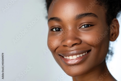 Close up portrait of beautiful young black woman smiling against white background