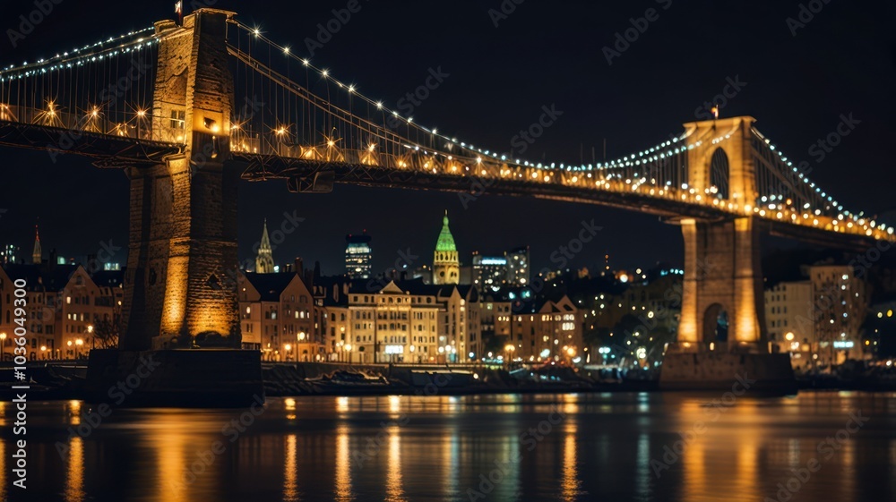 Obraz premium A suspension bridge illuminated at night with a cityscape in the background.