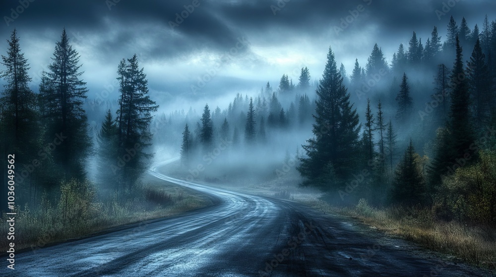 A misty roadside bordered by pine trees beneath an overcast sky sets a somber and gloomy tone A misty roadside bordered by pine trees beneath an overcast sky sets a somber and gloomy tone