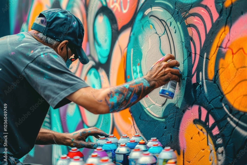 Fototapeta premium Urban Street Artist Creates Vivid Mural with Bold Colors in a Vibrant Alleyway