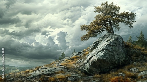 A rocky hillside dotted with a few trees and a large rock sits under a cloudy sky, giving the atmosphere a somber tone