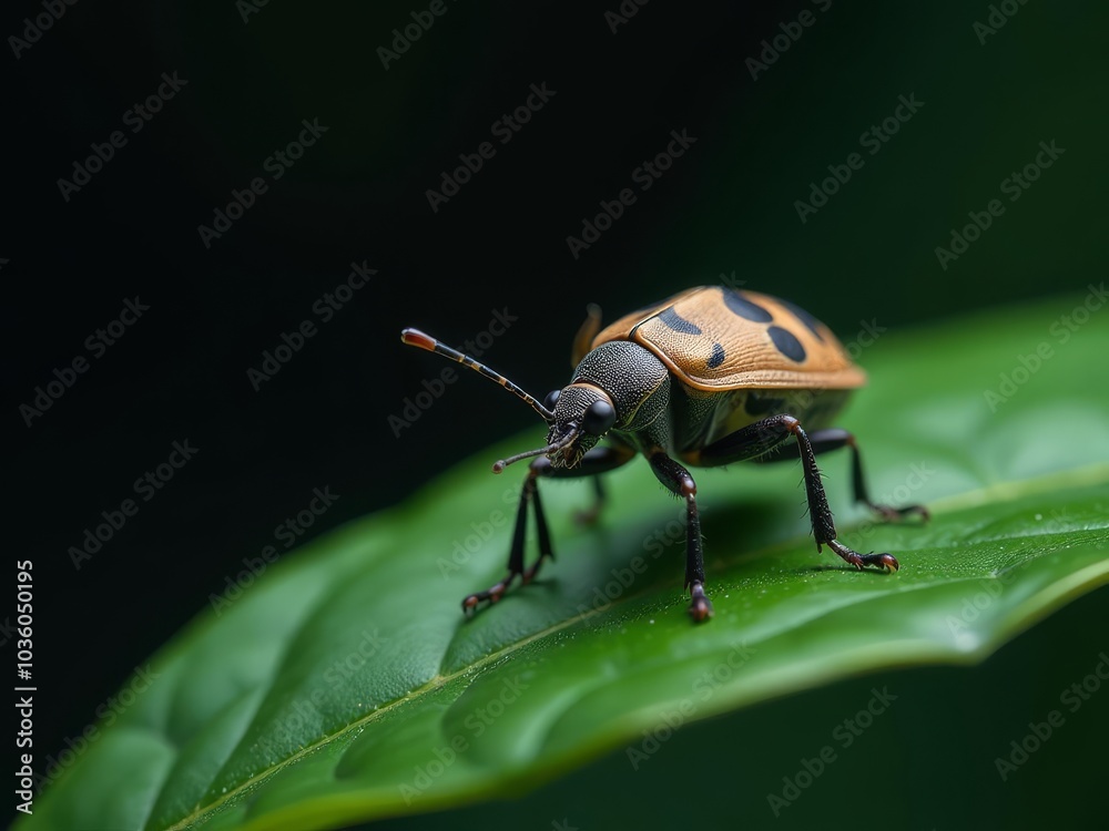 Naklejka premium A colorful bug sitting on top of a green leaf 