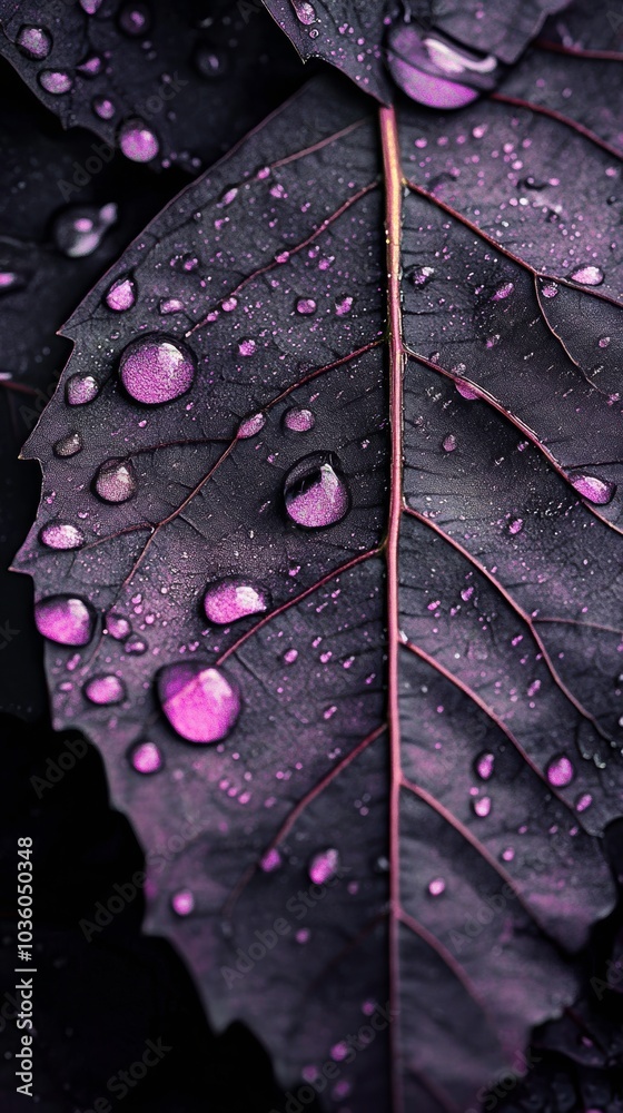 Fototapeta premium A Black Leaf Adorned With Shimmering Droplets Reflecting Subtle Colors in High Contrast. Generative AI