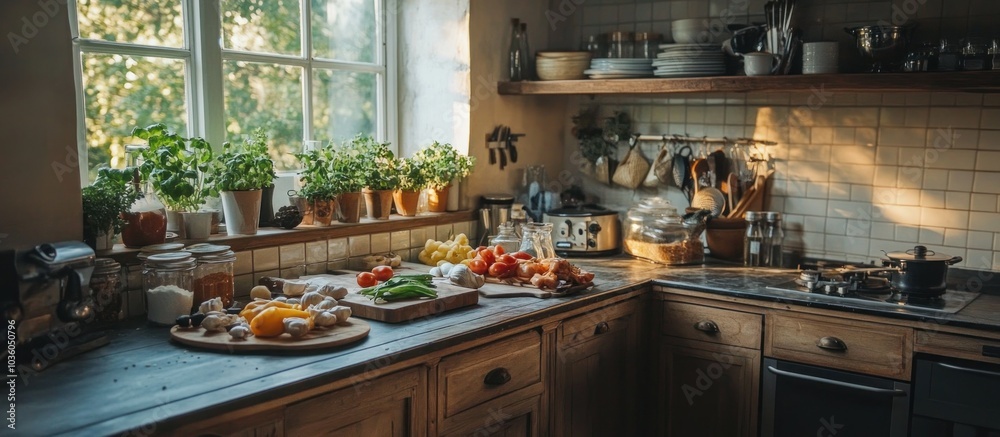Rustic kitchen with a window overlooking a garden and a countertop prepared for cooking. Rustic kitchen with a window overlooking a garden and a countertop prepared for cooking.