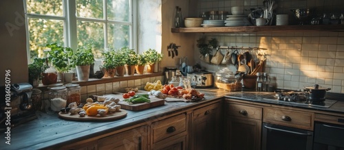 Rustic kitchen with a window overlooking a garden and a countertop prepared for cooking.