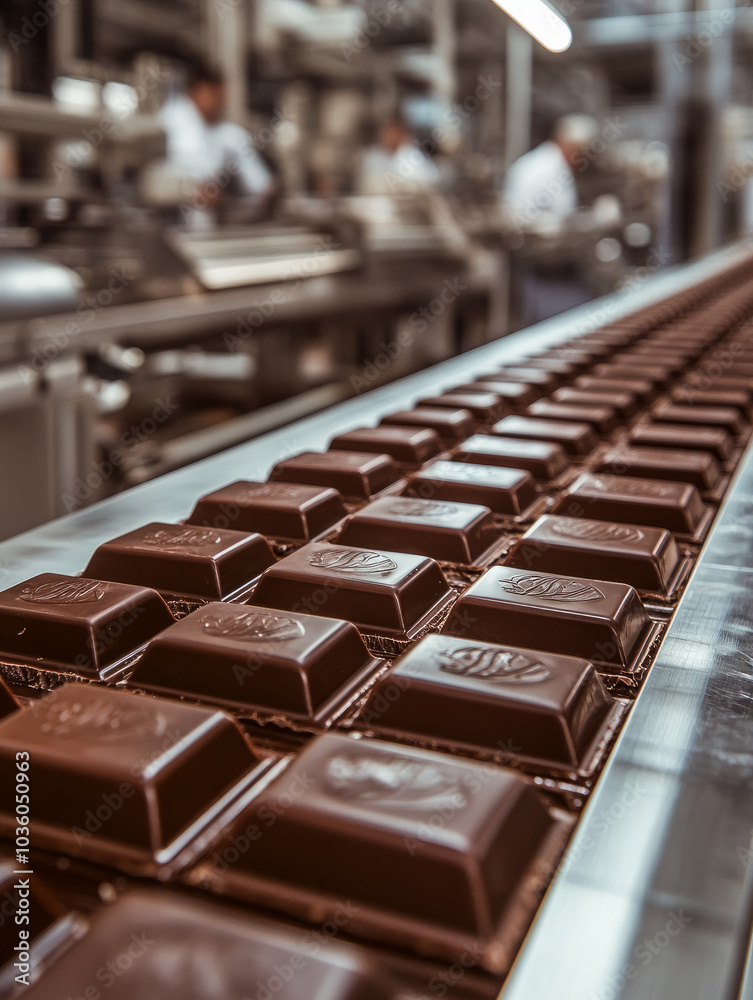 Chocolate bars being processed on a factory production line Chocolate bars being processed on a factory production line