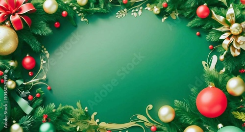 festive christmas boarder with red gold and green baubles holly, mistletoe, fir branches and a green center 