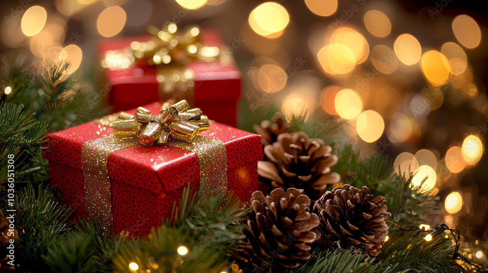 Red gift boxes with golden ribbons sit among pine cones and evergreen branches, creating festive Christmas atmosphere with warm bokeh lights in background Red gift boxes with golden ribbons sit among pine cones and evergreen branches, creating festive Christmas atmosphere with warm bokeh lights in background