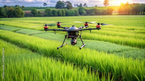 Agriculture drone flying and monitoring rice field for health and growth