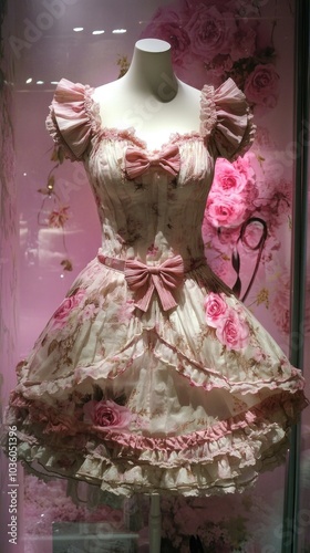 Elegant floral lolita dress with pink bows and ruffles in a rose-adorned display, epitomizing girlhood design photo