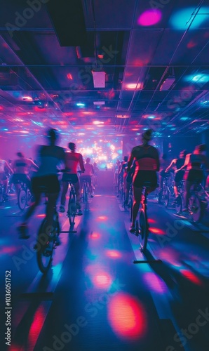 Neon-lit spinning class with blurred figures.