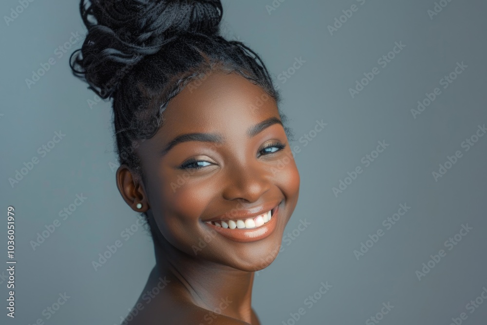 Beautiful black woman smiling in studio stock photo. Beautiful black woman smiling in studio stock photo.